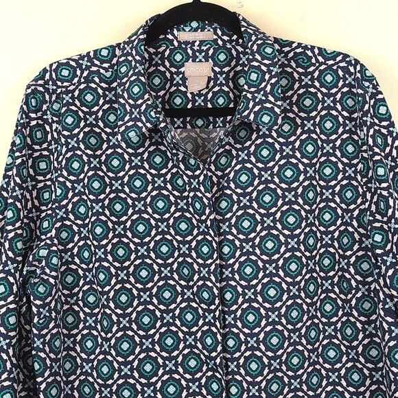 Chico's No Iron Cotton Square-Print Stain Shield 3/4 Length Sleeve Blouse Top - Picture 6 of 11